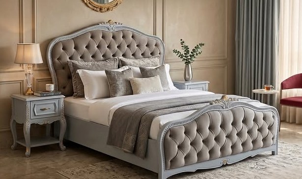 Grey Tufted Sleigh Bed
