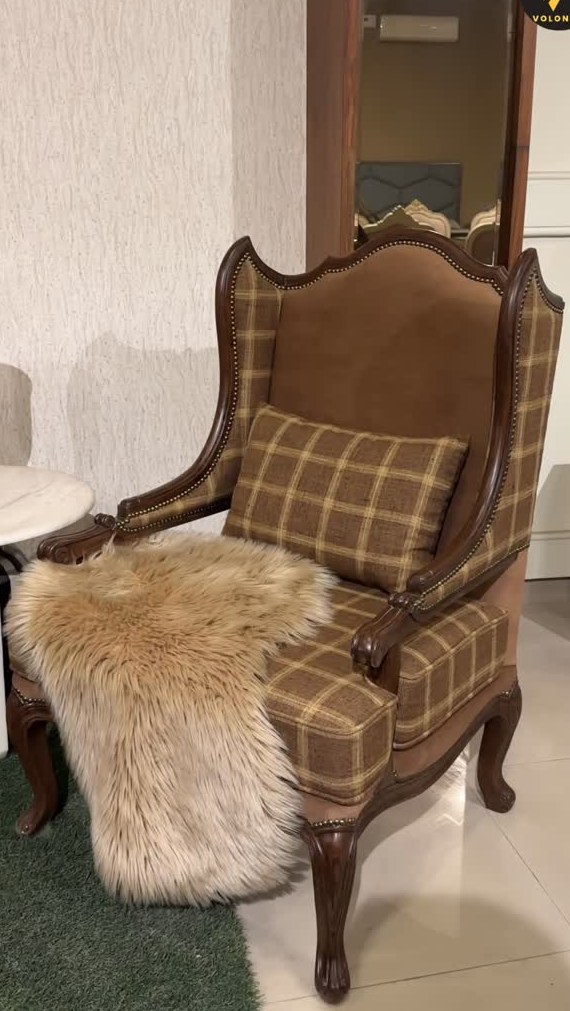 Check Accent Chair with Fur Throw